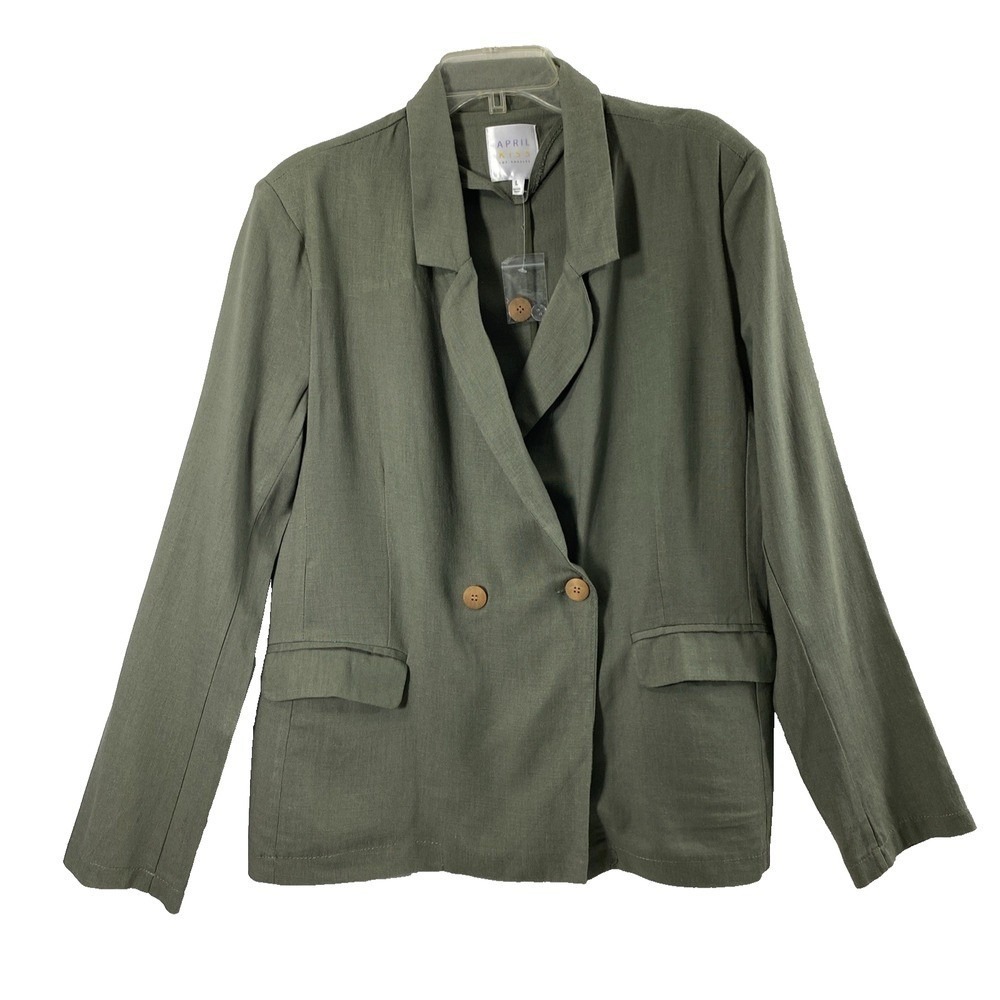 April Kiss Blazer Womens Large Green Linen Blend‎ Double Breasted Jacket Office